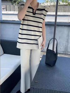 Pantaloni a due pezzi da donna Pantaloni casual in due pezzi a righe allentate con risvolto in maglia a vita alta Set gamba larga 2023 Abbigliamento moda coreana