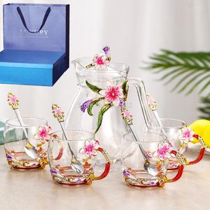 Wein Gläser Emaille Blume Dekoration Glas Tasse Mit Löffel Wasserkocher Set Haushalt Kaffee Hochzeit Bankett Liefert Geschenke