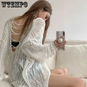 Women's T-Shirt Hollow V-neck Sweater Women's Summer Thin Loose Sunscreen Blouse Long-sleeved T-shirt Top Drop Shipping P230328