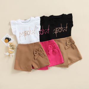 Clothing Sets Kid Girl Short Skirts Outfits Fly Sleeve Cartoon Letter Printed Crew Neck Tops Solid Color BowKnot Decor Skirts Set 27T 230328