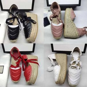 Sandals Women Wedge platform Espadrille Shoes Fisherman Heel Heels Designer Light Weight Calfskin Shoe Twine Weave Laces-up shoes with box NO037