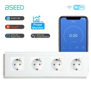 Sockets BSEED Four Wifi Smart Socket Glass Electric Wall Sockets EU Standard Support Tuya Smart Life Google Alexa Yandex Voice Control Z0327