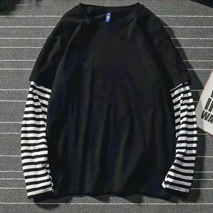 Women's TShirt Korean Harajuku Black White Striped Hip Hop Tshirts Men Women Autumn Long Sleeve Fake Twopiece T Shirt Solid Clothes Tshirt 230328