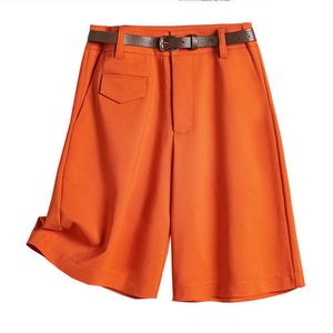 Kvinnors shorts Kvinnors sommarshorts avslappnad hög midja korta byxor Kvinnlig fast färg Orange -knapp Flyga Bermuda Shorts för kvinnor 230328