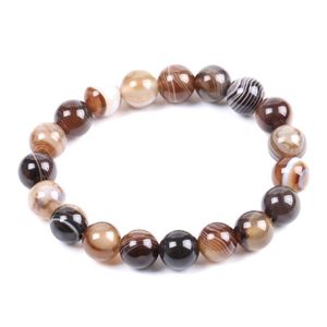 Perline Csja Natural Round Gem Stone Agate Onyx Bracciali da uomo Bangle 10Mm Striscia marrone Rosario etnico Perline di energia Braccialetto di preghiera F1 Dhq05