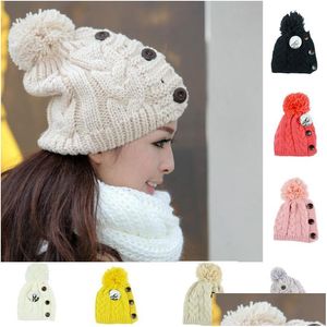 Beanie/Skl Caps Nuovo berretto invernale da donna caldo cappello di lana lavorato a maglia per Gilrs Jonadab pulsante berretto intrecciato donna pelliccia Dhfom