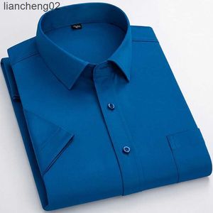 Camicie casual maschile maschera ad allungamento a manicotto corto estate nuovo lavoro sociale formale lavoro blu bianco nero smart casual camicia easy-care w0328