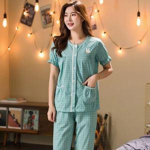 Pigiama da donna Cardigan Plaid Pigiama da donna in cotone Set Big Yards Femme Pigiama Set Sleepwear Loungewear Summer Short Sleeve Sleep Clothes 230328