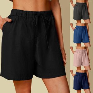 Kvinnors shorts kvinnor avslappnad solid hög midja bomull och linne kvinnor elastisk sommar satin kort pyjama uppsättning för