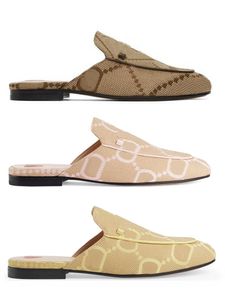 23ss dammode Jumbo lädertofflor causal mules beige canvas loafers damskor med guldbeslag