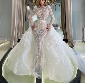 Luxury Mermaid Wedding Dresses Long Sleeves High Neck Beaded Sequins Appliques 3D Lace Hollow Sexy Detachable Train Bridal Gowns Plus Size Vestido de novia Custom