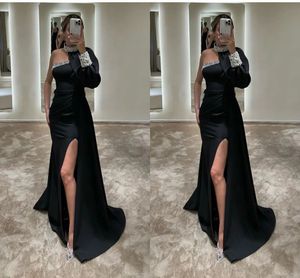 Dubai Arabic Mermaid Prom Dresses for Black Women Girls Plus Size High Jewel Neck Beaded Sequined High Side Split Formal Wear Birthday Speical Occasion Evening Gowns