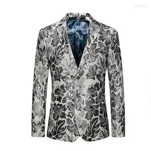 Herrenanzüge 3D Puff Jaquard Blazer Silber Floral Slim Masculino Luxus Männer Stilvolle Prom Club Blumenanzug Jacke Asiatische 6XL