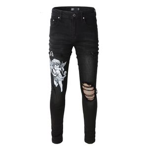 Men's Pants Black Distressed Quality Slim Graffiti Letters Streetwear Style Skinny Stretch High Street Printing Angel Ripped Jeans 230328