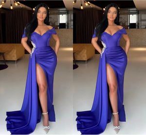 Dubai Arabic African Purple Mermaid Prom Dresses Long for Women Black Girls Off Shoulder V Neck High Side Split Formal Dress Evening Party Birthday Gowns