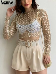 Women's T-Shirt Nsauye Sexy Women Summer 2023 Mesh Sequins Long Sleeve Club Party Basic T Shirt Tops Hollow Out Mini Y2K Crop Tops Tees Outfits P230328