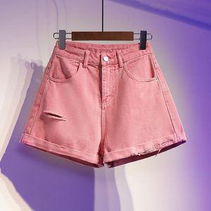 Shorts femininos primavera verão mulheres moda moda roxa rasgada shorts jeans casual size size gordura de pernas largas calças A-line Trend Pink 230328
