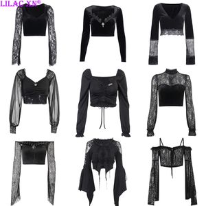 Maglietta da donna Goth Nero Manica lunga Corsetto Crop Top Estetica Sexy Scollo a V Velluto Pizzo Maglia Magliette Y2K Harajuku Moda vintage Top 230328