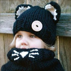 Caps Hats Winter Neck Cap Hand Woven Children Scarves Black Cat Hat Scarf Sets Dinosaur Hat Beanie Hat 230328