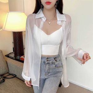 Damblusar Skjortor HOUZHOU Transparent Blus Sommar 2021 Långärmad Vit Rosa Grön Button Up-skjortor Dam Y2k Koreanskt mode Cardigan Skir Topp Y2303