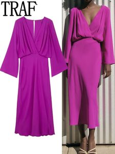 Casual Dresses TRAF Purple Long Dress Women Wrap Satin Midi Dress Woman Long Sleeve Elegant Party Dresses For Women Evening Dresses 230327