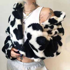 Giacche da donna Combhasaki Autunno Inverno da donna Goth Spesso Cappotto corto in peluche Manica lunga Colletto alla coreana Mucca Stampa Streetwear Capispalla