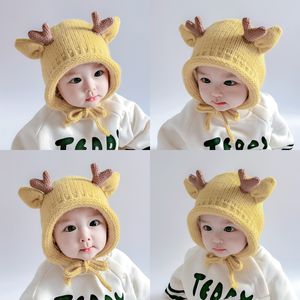 Kapaklar Şapkalar Sevimli Boynuzlar Bebek Şapkası 5m-5 yıl Bebek Çocuklar Yün Şapkalı Dantel Kış Sıcak Bebek Kulakları Koruyucu Rüzgar Geçirmez Bebek Aksesuarları 230328