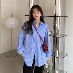Kadın Bluzlar Bluz Kadın Gömlek Mavi Çizgili Kadın Bahar Giyim 2023 Uzun Kollu Blusas Mujer De Moda