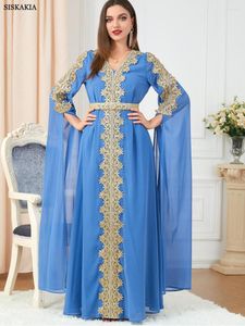 Ubrania etniczne sukienki wieczorne długie luksus 2023 Kwiat haftowy koronkowy panel Pasek szyfonowy sukienka marokańska kaftan kobieta szata Turcja Abayat