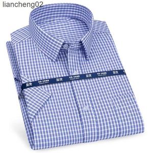 Freizeithemden für Herren, Herren-Kurzarmhemd, Business-Casual, klassisch, kariert, gestreift, kariert, männliche Sozialhemden, lila, blau, Strandqualitätshemden W0328