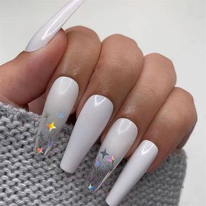 False Nails 24pcs/set Long Coffin Fake Laser White Star Decal Full Cover Ballerina Nail Art Tips With Glue Artificial Fingernail Tools