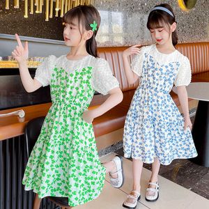 Flickans klänningar Girl Dress Floral Pattern Girl Summer Dress Patchwork Dress for Kids Teenage Costume Girl 6 8 10 12 14 14