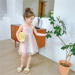 16097 Summer Kids Girls Rainbow Pleated Spets Suspender kjolklänning Baby Barn Girl Princess Casual Dresses