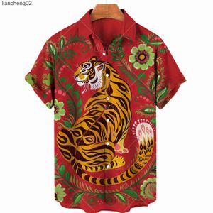 Camisas casuais masculinas 2022 Camisa havaiana de manga curta Men colorido tigre Cardigan chinês plus size roupas de verão w0328