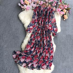 Casual Dresses 2023 Spring Long Length Floral Dress Women Korean Style Full Sleeve Chiffon Ladies Elegant Pleated Female