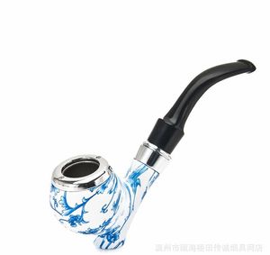 Smoking Pipes Smoking 5526 Chinese style celadon pipe can stand blue and white resin pipe bend type rubber wood pipe