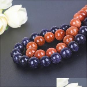 Stone 8Mm 4 6 8 10 12Mm Natural Gold Sand Beads Loose Dark Blue Sandstone Round For Diy Jewelry Making Drop Delivery 202 Dhbr7