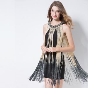 Casual Dresses Lady Vintage Draping Costume Metal Chain Neck Gradient Tassel Kvinnor Anländer Party Dress Mini Vestido Femme Mujer