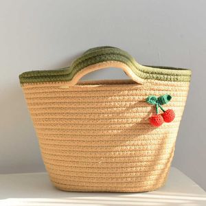 Beach Bags Sen Series Little Cherry Handbag Cotton Thread Knitted Holiday Bag 230327