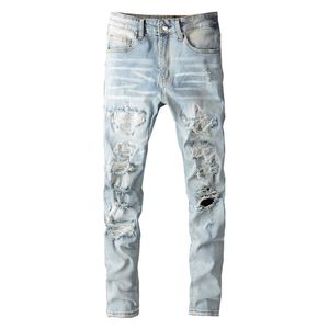 Men's Pants Men Crystal Holes Ripped Patchwork Jeans Streetwear Light Blue Denim Slim Skinny Pencil Trousers 230328