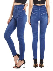 Women's Leggings CUHAKCI Stretchy Zipper Print Fake Jeans Women Pants Casual High Waist Soft Denim Plus Size Trouses Drop