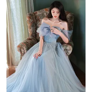 Blue Evening Dresses Classic Off Shoulder Beading Applique Shining Elegant Long Big Bow Tulle Birthday Party Bridesmaid klänningar