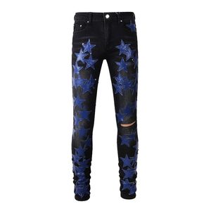 Men's Pants Black Distressed Streetwear Blue Leather Stars Patches Slim Stretch Skinny High Street Fashion Style Ripped Jeans 230328