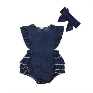 Rompers 0-24M Infant Baby Girl Summer Cute Jumpsuit Headband Clothes Set Ruffles Short Sleeve Denim Blue Bodysuits