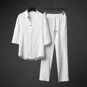 Men's Tracksuits Summer Chinese Style Linen Tang Suit Traditional Clothing Men Solid Tai Chi Uniform Retro V-neck Short Sleeve Shirt Pants Set W0328