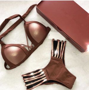 Bikini set Sexy Gold Shiny Women Halter Bikini Set Solid Costume da bagno sexy Summer Beach Costumi da bagno Donna Bikini a fascia imbottito 2021 New Biquini P230328