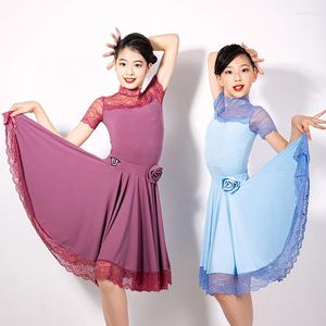 Scene Wear Girls Latin Dance Dress Lace Stitching Short Sleeve Ballroom Dancing Practice Performance Competition Costumes YS1363
