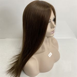 Человеческие волосы бразильской девственницы 22 дюйма светло -коричневый цвет 6# еврейский парик 4x4 шелковые топ -парики для белой женщины