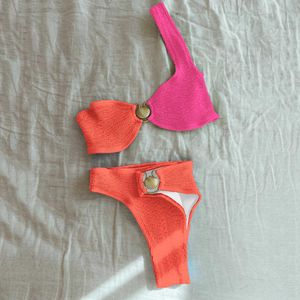 Bikinis set Sexy Shell One Shoulder Bikini Textured Swimwear Women 2022 High Cut Swimsuit Women Bathing Suits Solid Brazilian Biquinis Set P230328