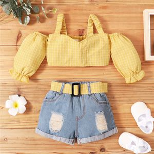 Clothing Sets 15Years Fashion Children Girls Clothes Summer Sets Off Shoulder Plaid Strap Crop TopsBelt Denim Ripped Hole Shorts Outfits 230328
